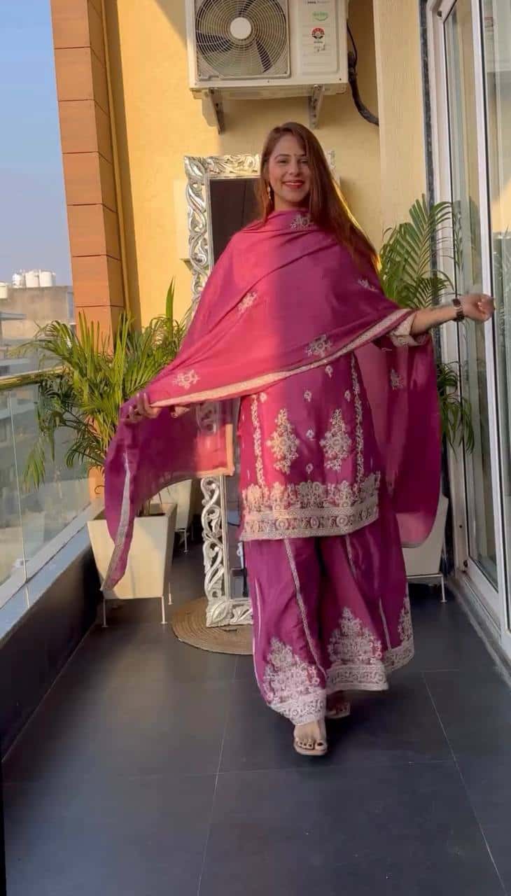 Pure Heavy Chinnon Silk Embroidered Top, Plazzo & Dupatta Set