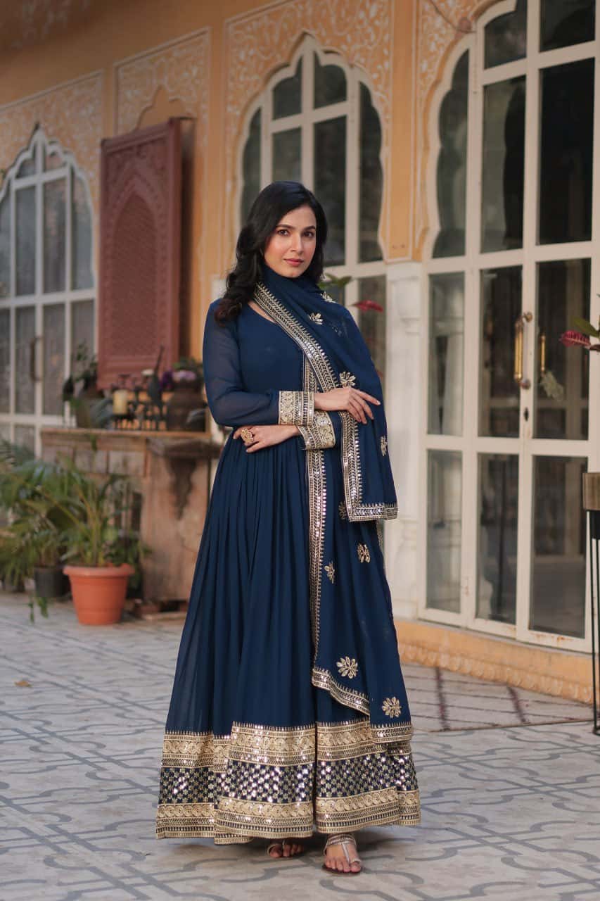 "Faux Blooming Embroidered Gown with Zari, Sequins, and Designer Dupatta"