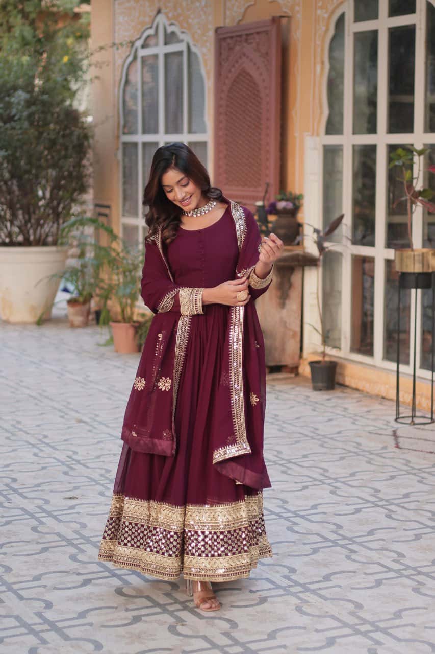"Faux Blooming Embroidered Gown with Zari, Sequins, and Designer Dupatta"