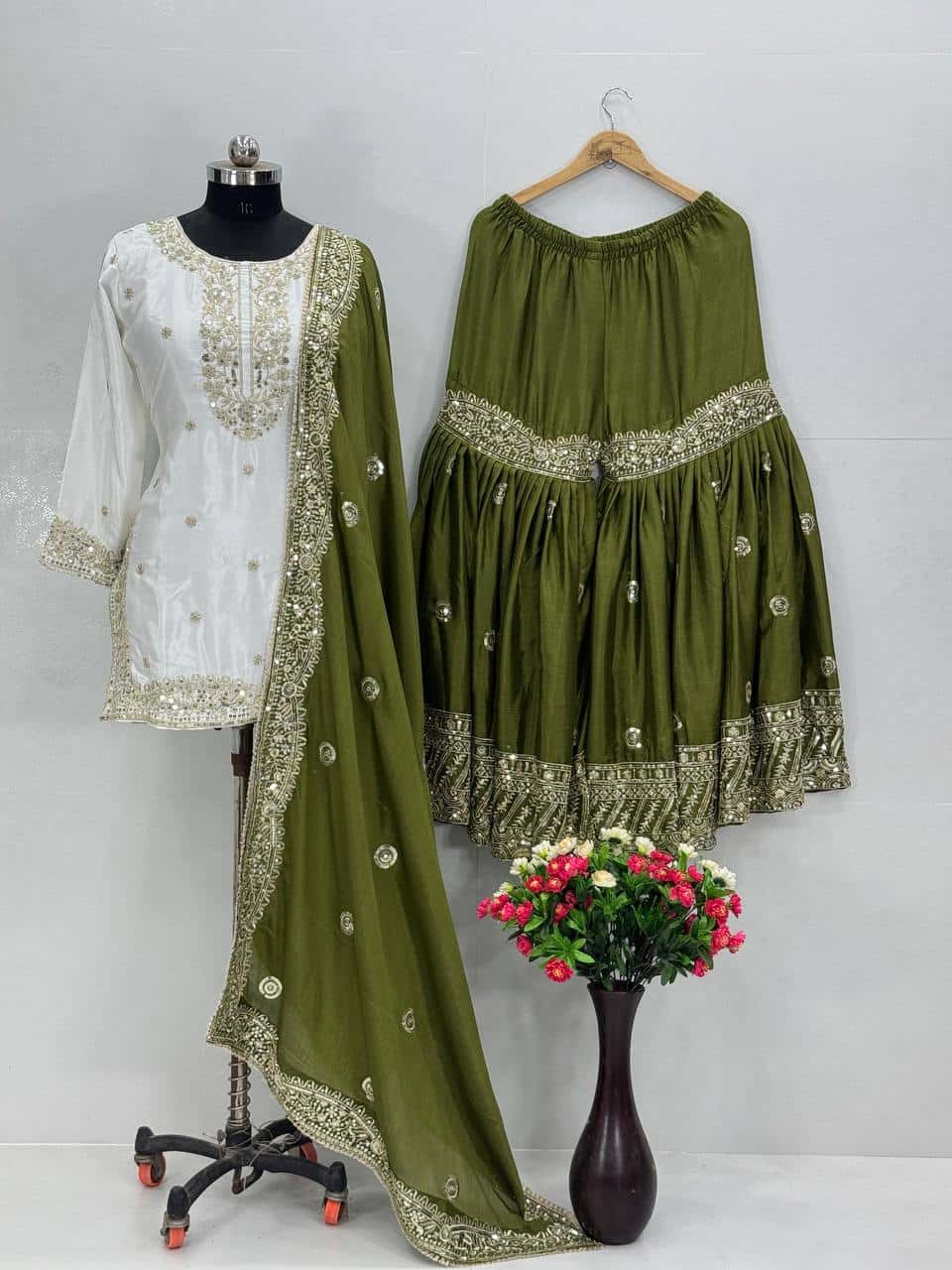 Stylish Heavy Chinon Sharara Set with Embroidered Sequence Work