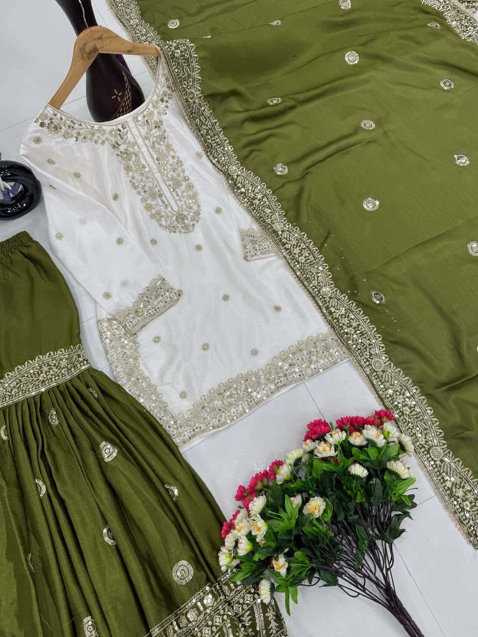 Stylish Heavy Chinon Sharara Set with Embroidered Sequence Work