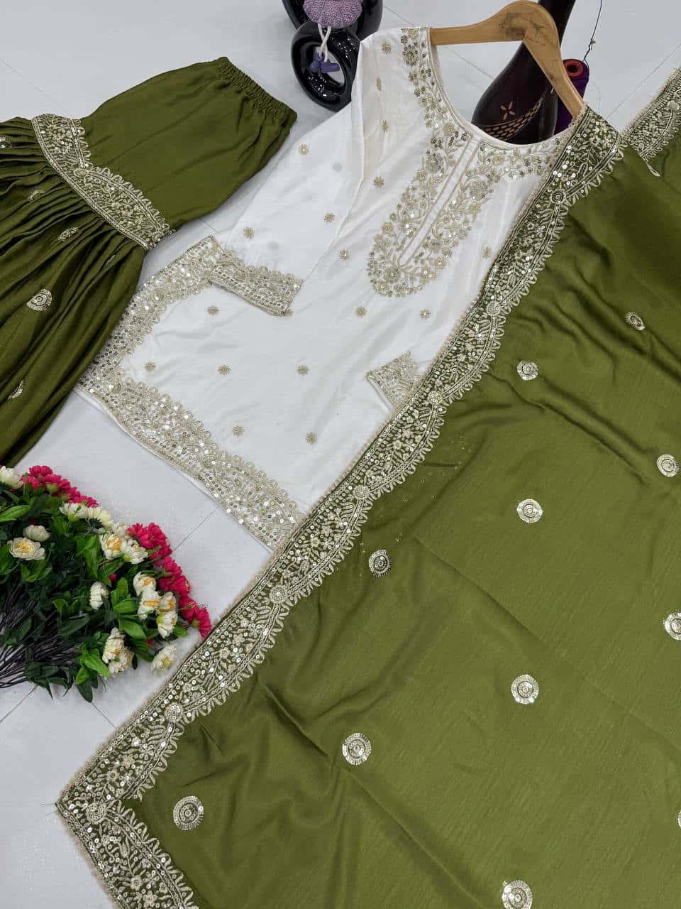 Stylish Heavy Chinon Sharara Set with Embroidered Sequence Work