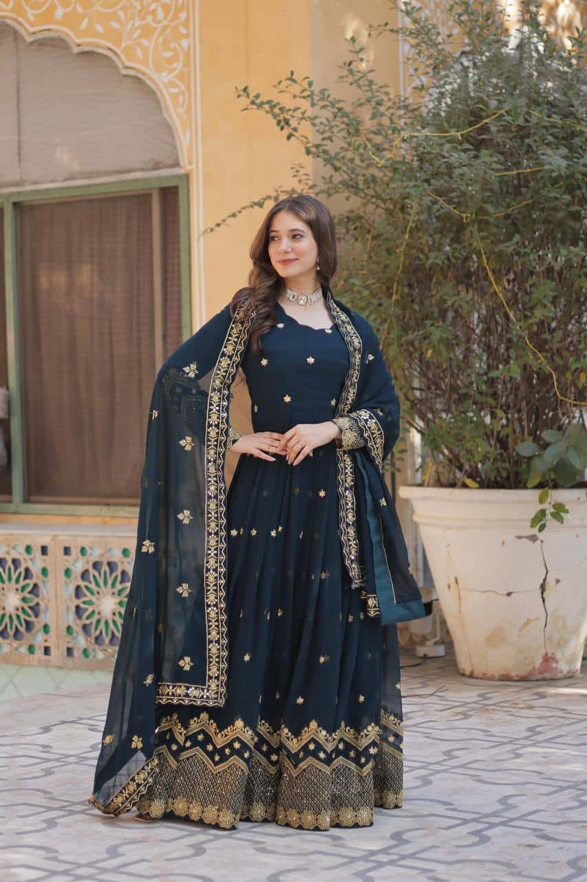 "Elegant Faux Blooming Georgette Gown with Fancy Neck and Sequins Dupatta"