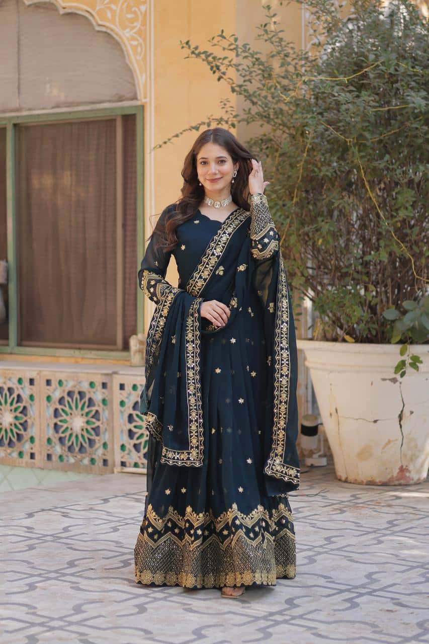 "Elegant Faux Blooming Georgette Gown with Fancy Neck and Sequins Dupatta"