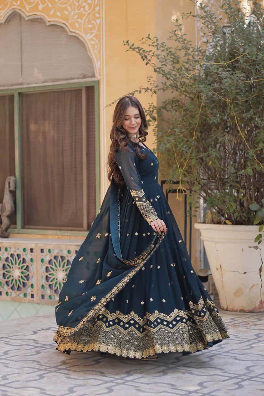 "Elegant Faux Blooming Georgette Gown with Fancy Neck and Sequins Dupatta"