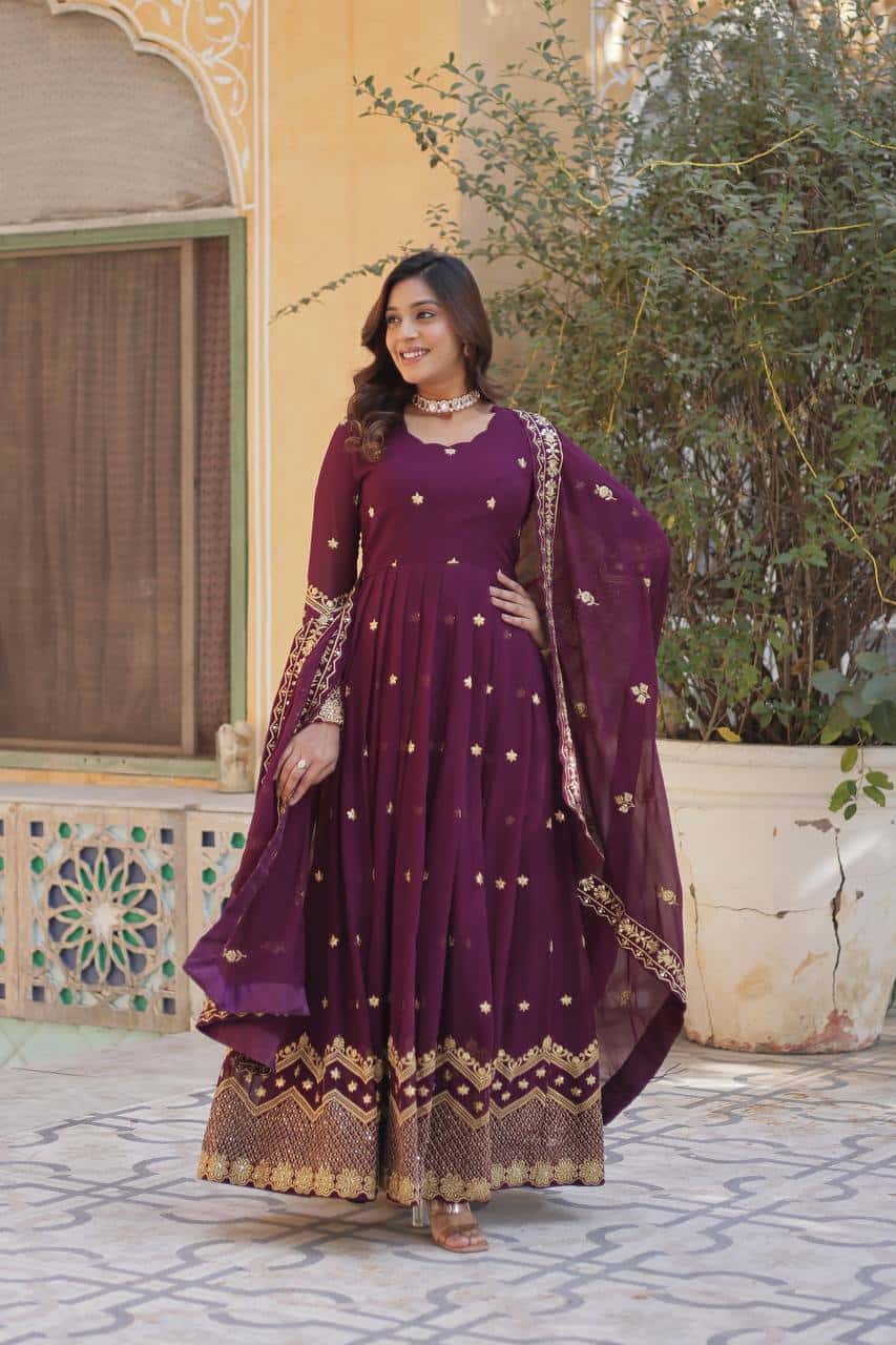 "Elegant Faux Blooming Georgette Gown with Fancy Neck and Sequins Dupatta"