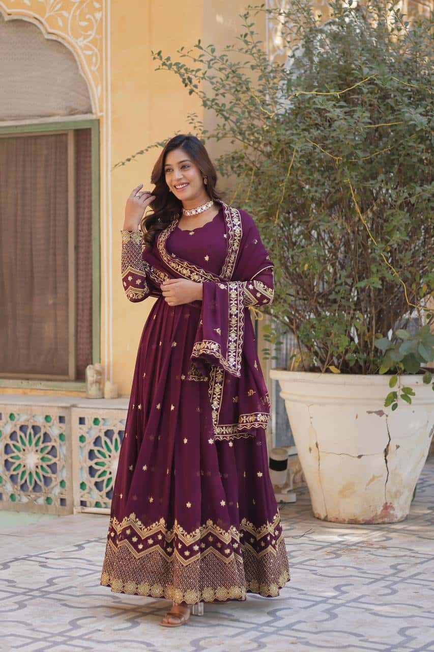 "Elegant Faux Blooming Georgette Gown with Fancy Neck and Sequins Dupatta"