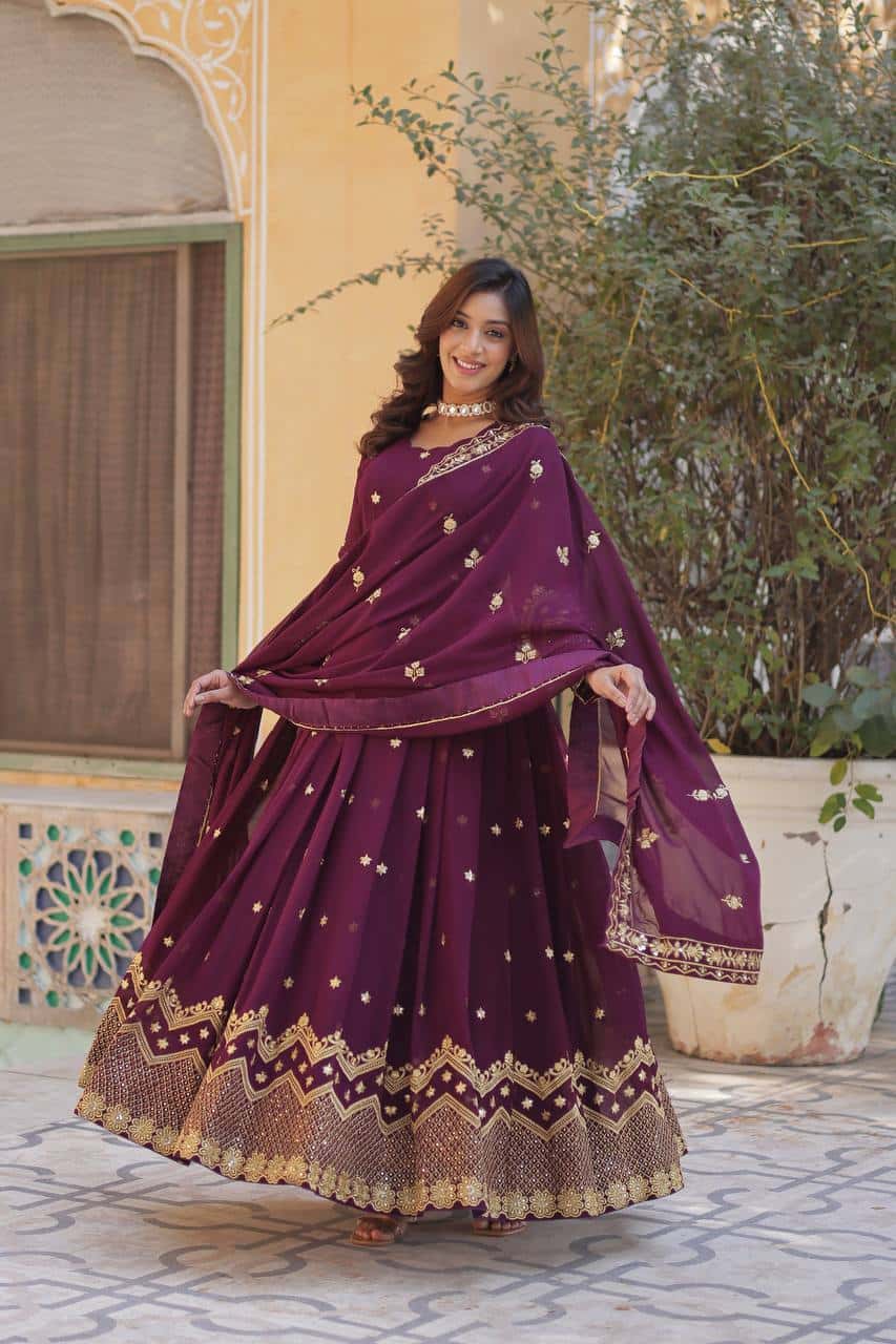 "Elegant Faux Blooming Georgette Gown with Fancy Neck and Sequins Dupatta"