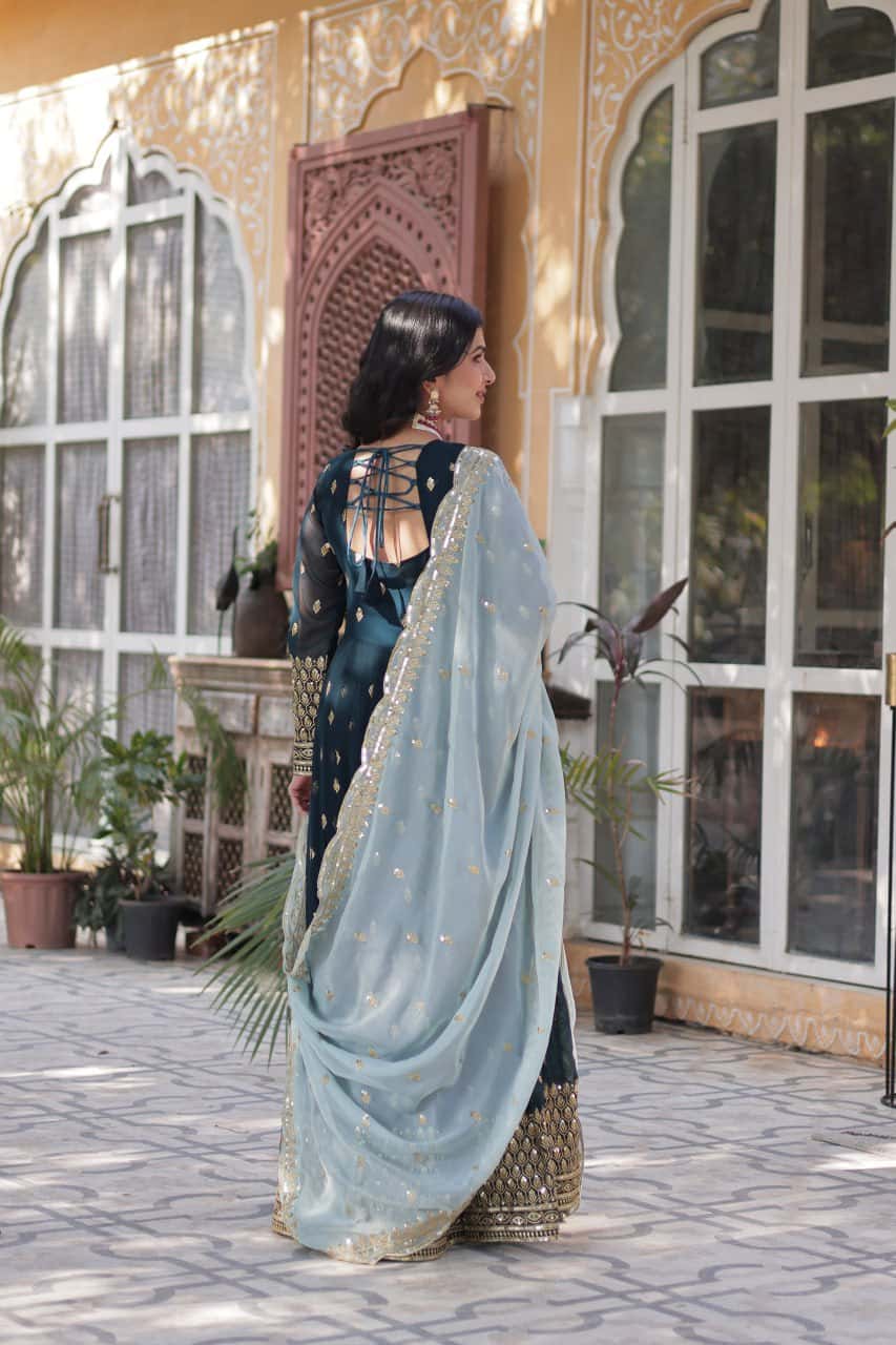 Luxury Faux Blooming Sequins Gown with Cutwork Embroidered Dupatta