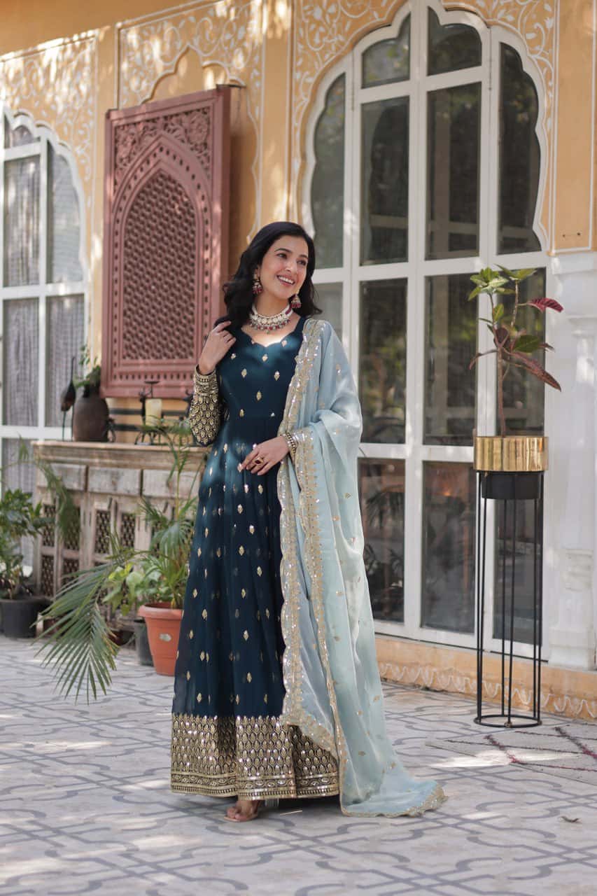 Luxury Faux Blooming Sequins Gown with Cutwork Embroidered Dupatta