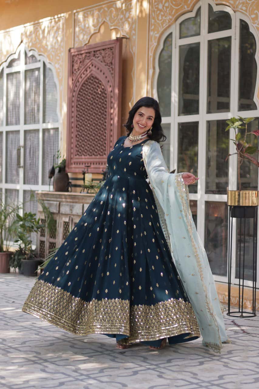 Luxury Faux Blooming Sequins Gown with Cutwork Embroidered Dupatta