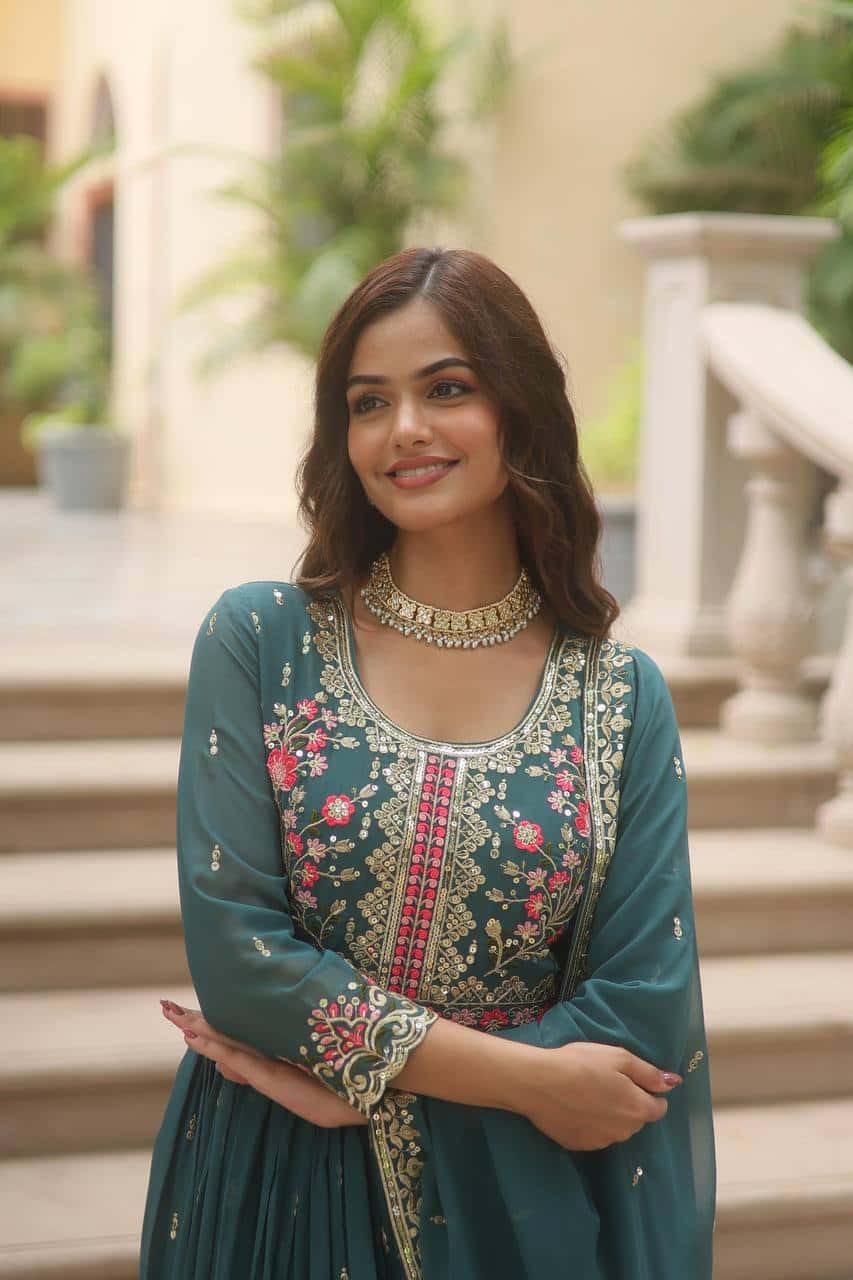 Faux Georgette Kurti and Sharara Set with Sequins Embroidery