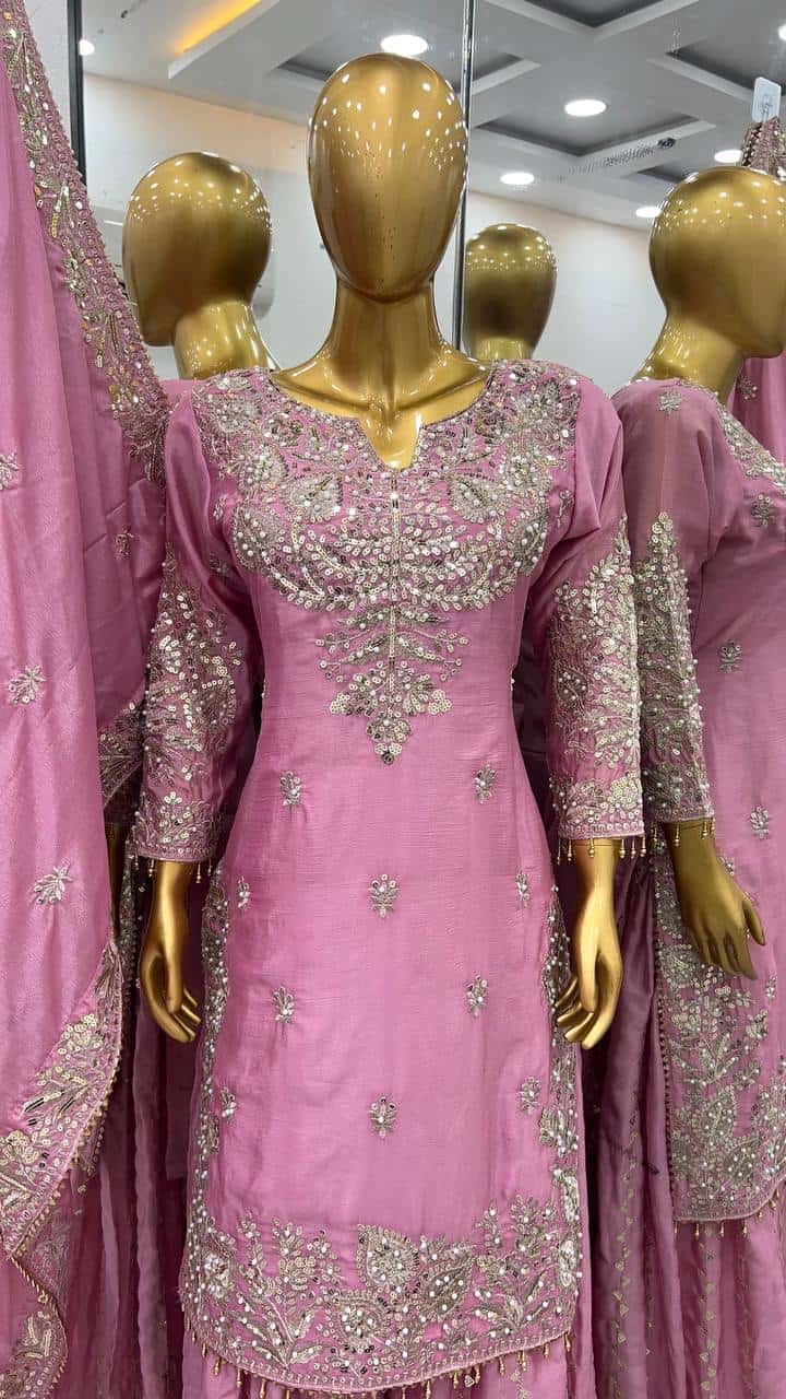 Heavy Chinon Silk with heavy embroidery sequence work Kurta Sharara with Dupatta