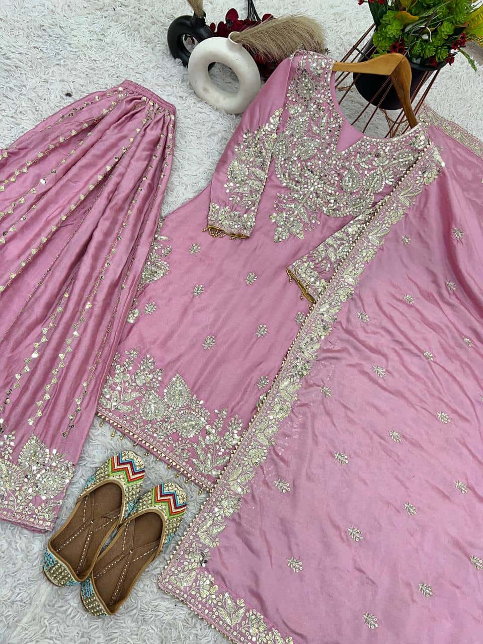Heavy Chinon Silk with heavy embroidery sequence work Kurta Sharara with Dupatta