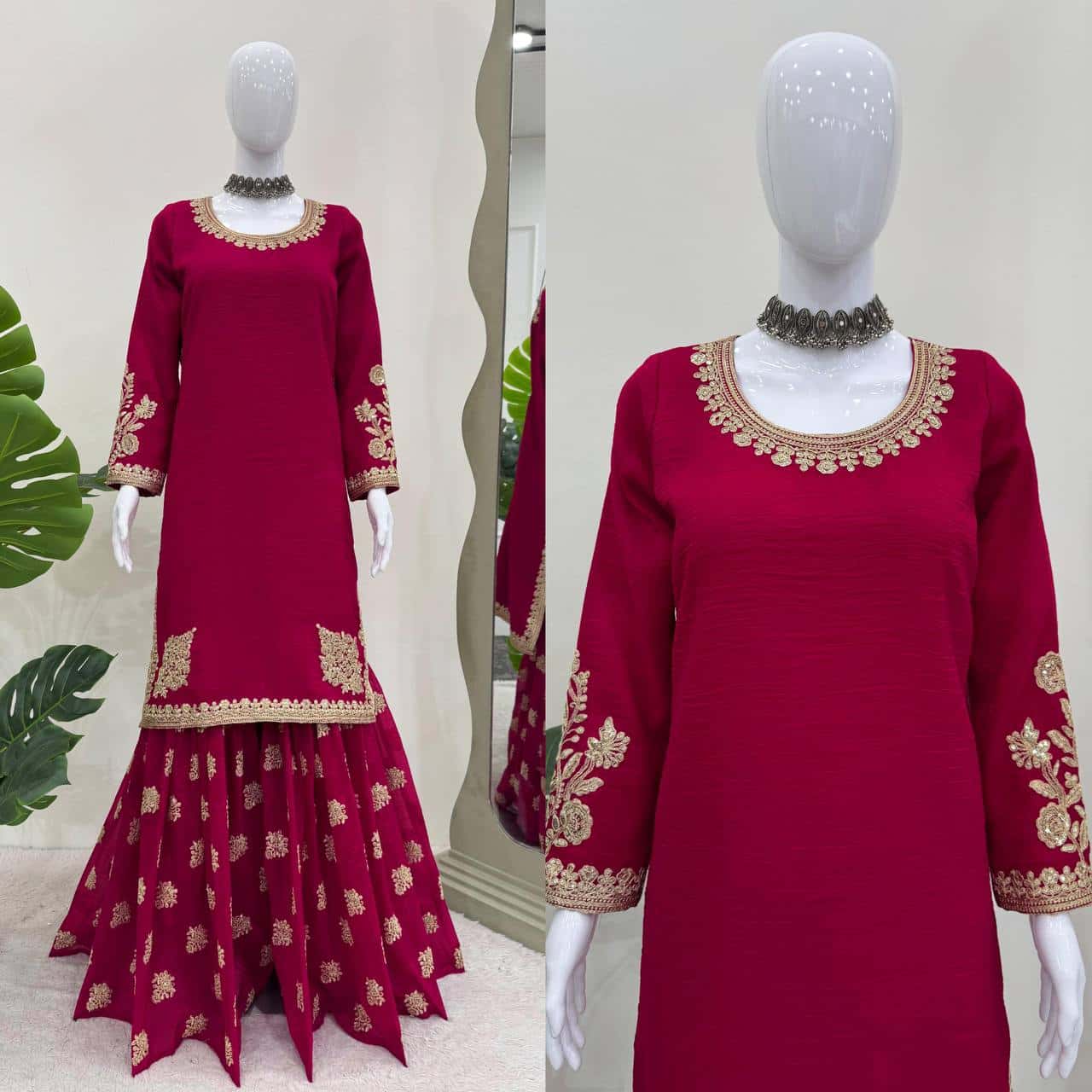 Elegant Crunchy Silk Top and Sharara Set with Coding Dori and Sequence