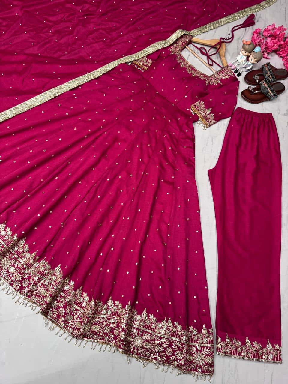 "Luxury Anarkali Gown Set with Vichitra Silk, Embroidered Sequence, Plazzo, and Designer Dupatta"