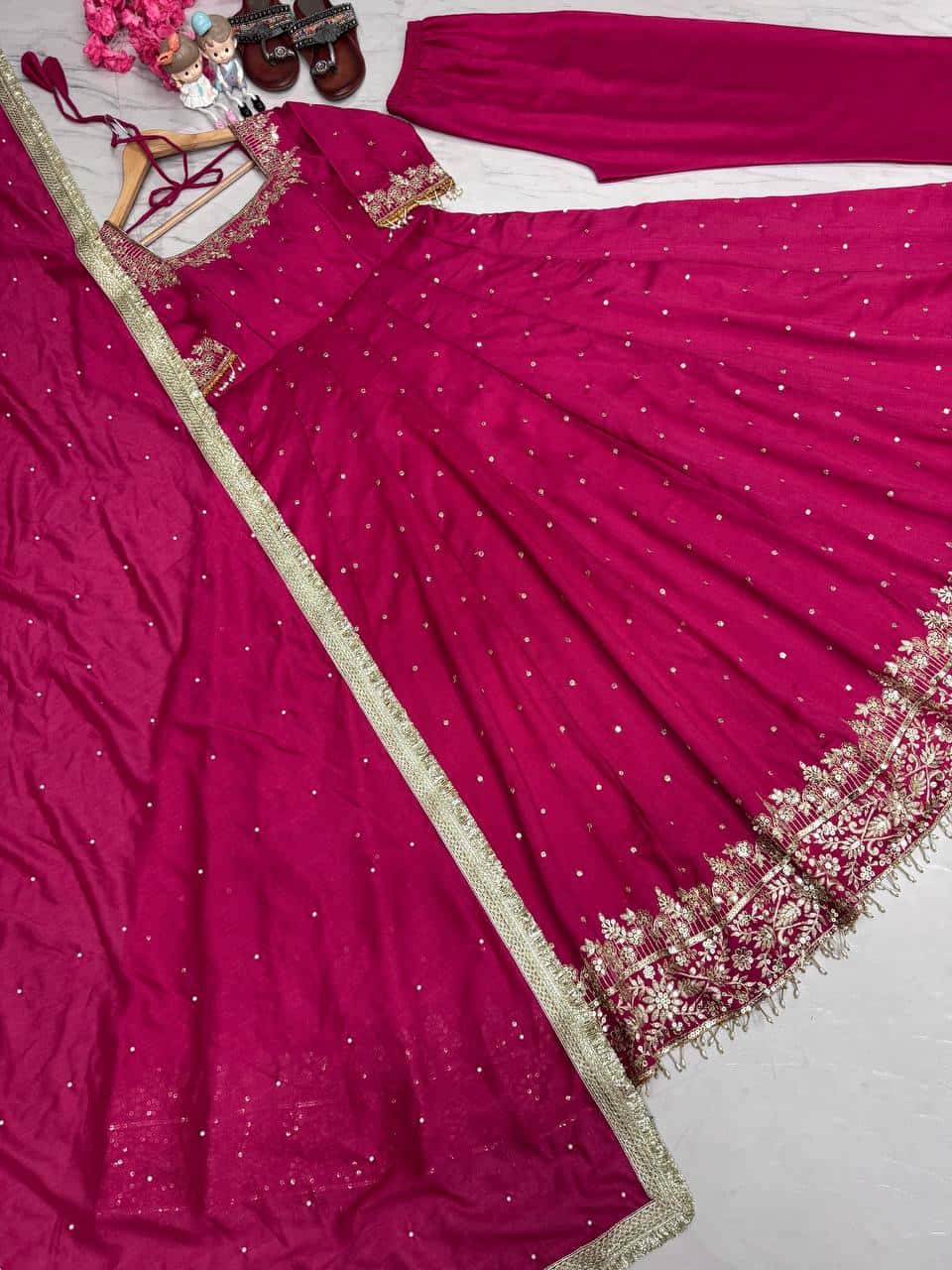 "Luxury Anarkali Gown Set with Vichitra Silk, Embroidered Sequence, Plazzo, and Designer Dupatta"