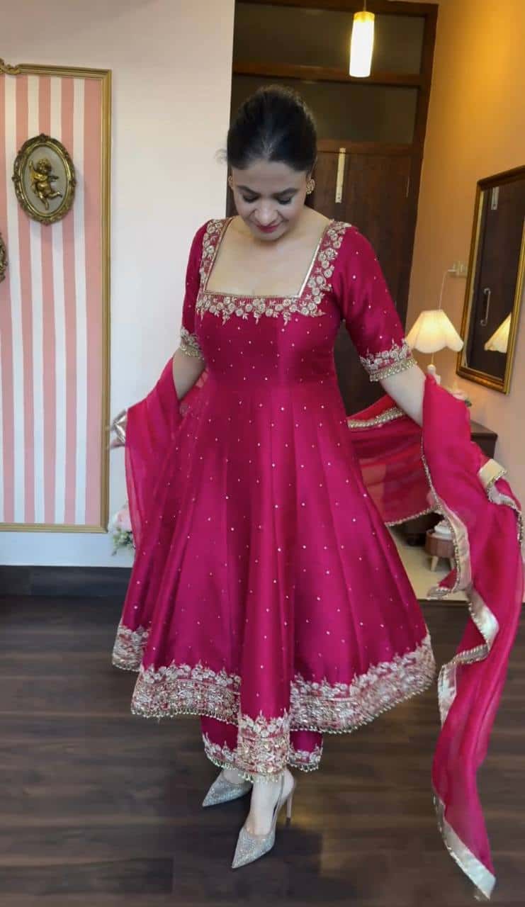 "Luxury Anarkali Gown Set with Vichitra Silk, Embroidered Sequence, Plazzo, and Designer Dupatta"