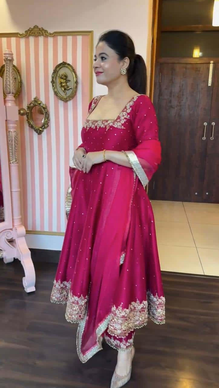 "Luxury Anarkali Gown Set with Vichitra Silk, Embroidered Sequence, Plazzo, and Designer Dupatta"