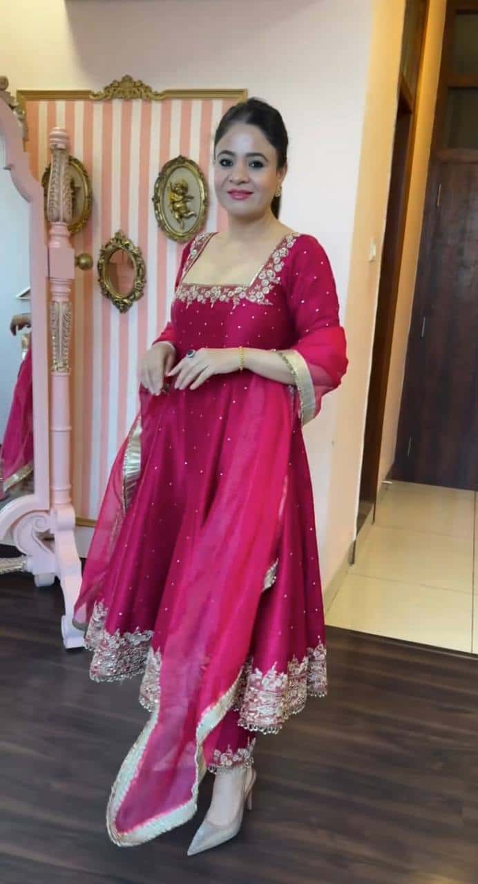 "Luxury Anarkali Gown Set with Vichitra Silk, Embroidered Sequence, Plazzo, and Designer Dupatta"