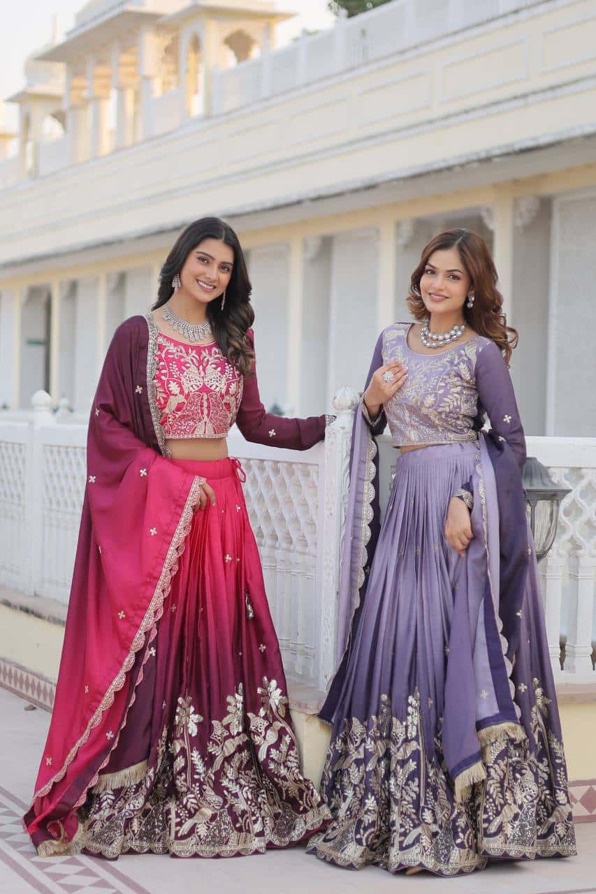 Women's designer Chinnon silk handwork choli lehenga with dupatta sets