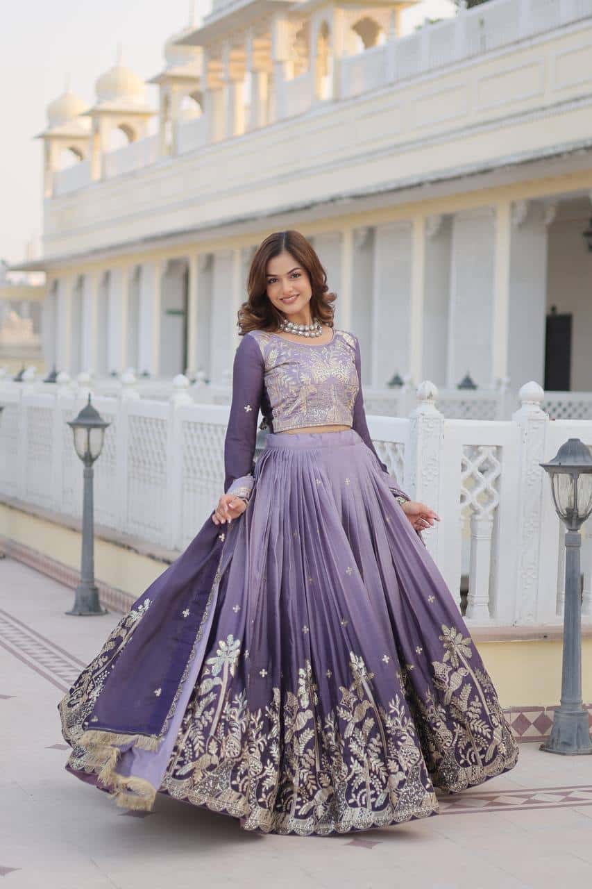 Women's designer Chinnon silk handwork choli lehenga with dupatta sets