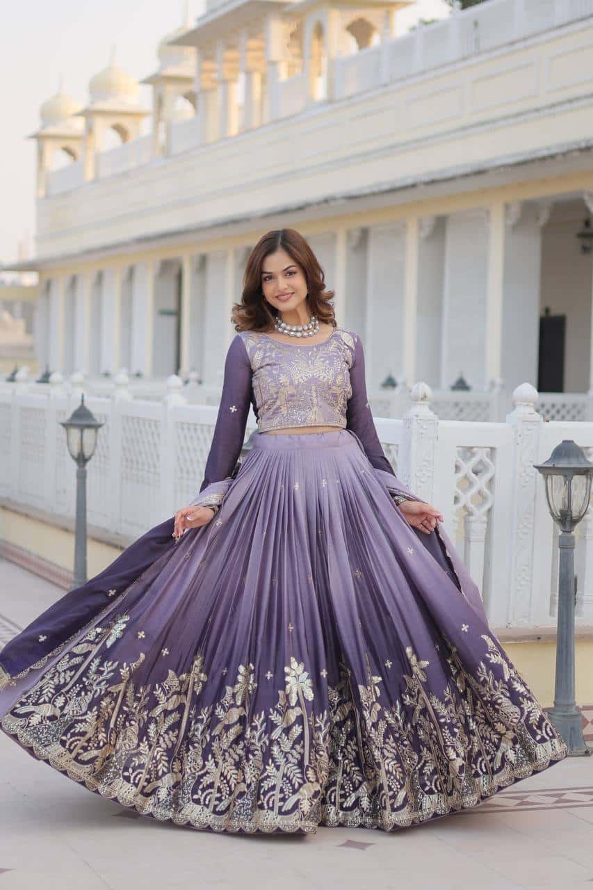 Women's designer Chinnon silk handwork choli lehenga with dupatta sets