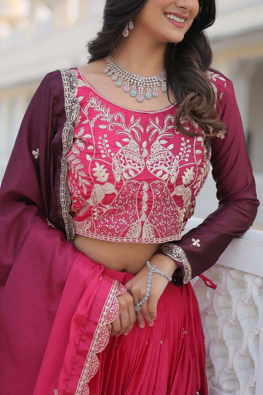 Women's designer Chinnon silk handwork choli lehenga with dupatta sets