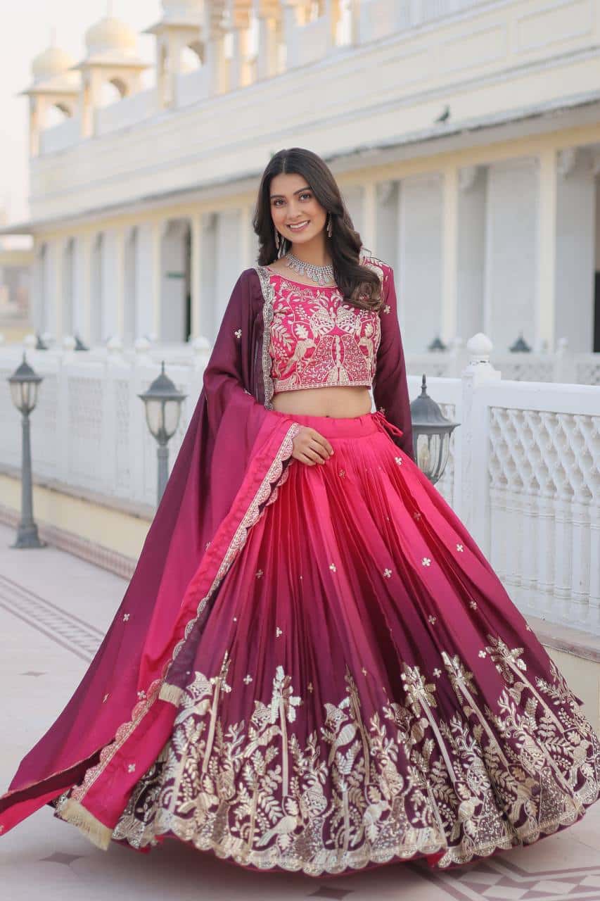 Women's designer Chinnon silk handwork choli lehenga with dupatta sets