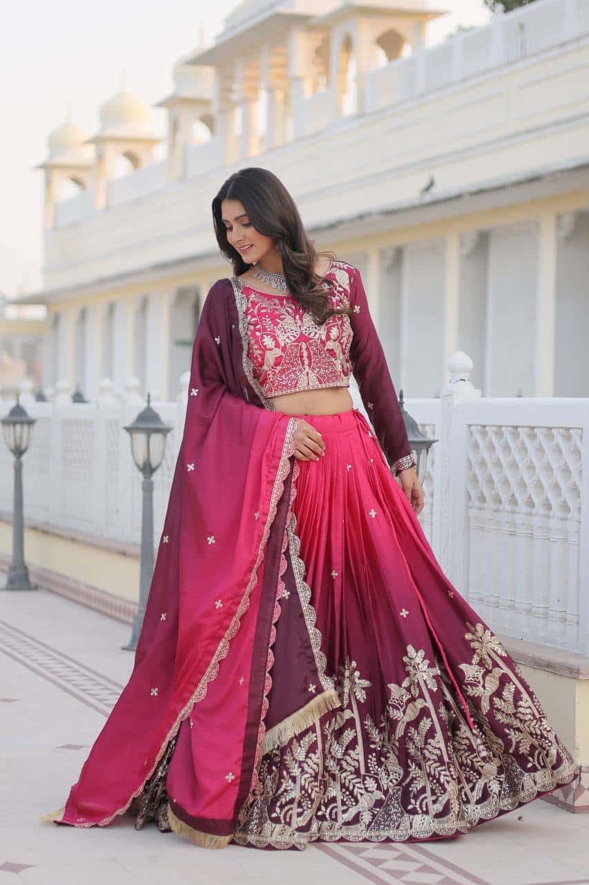 Women's designer Chinnon silk handwork choli lehenga with dupatta sets
