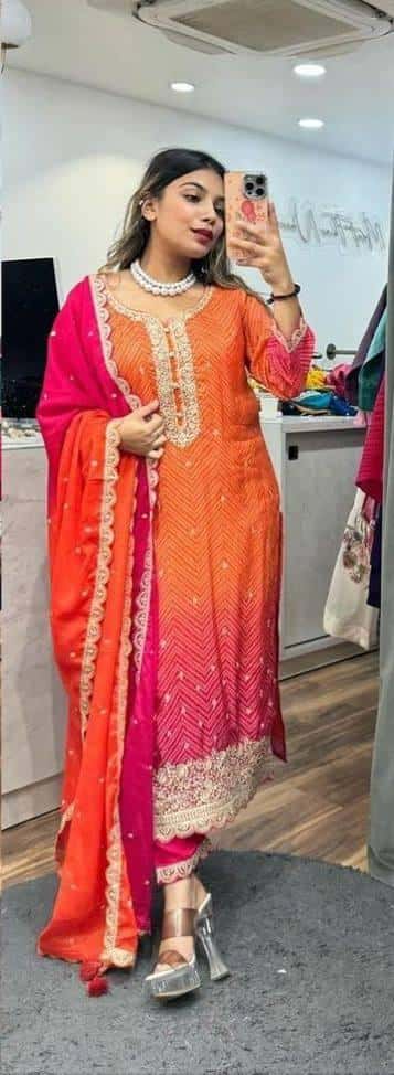 Bandhani print traditional chinnon silk kurta pant with dupatta sets