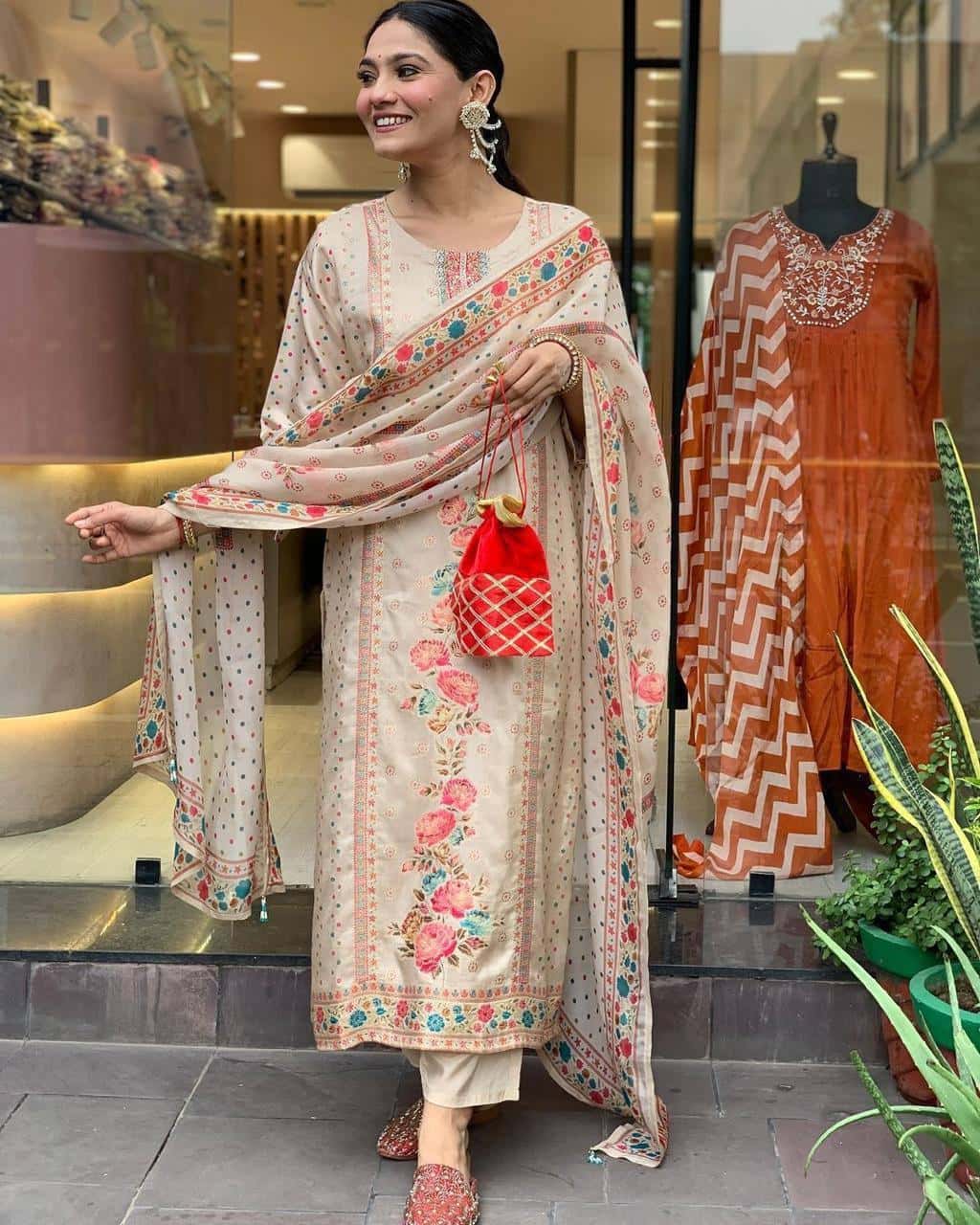 Women's designer printed and embroidered satin silk straight kurta pant with dupatta sets