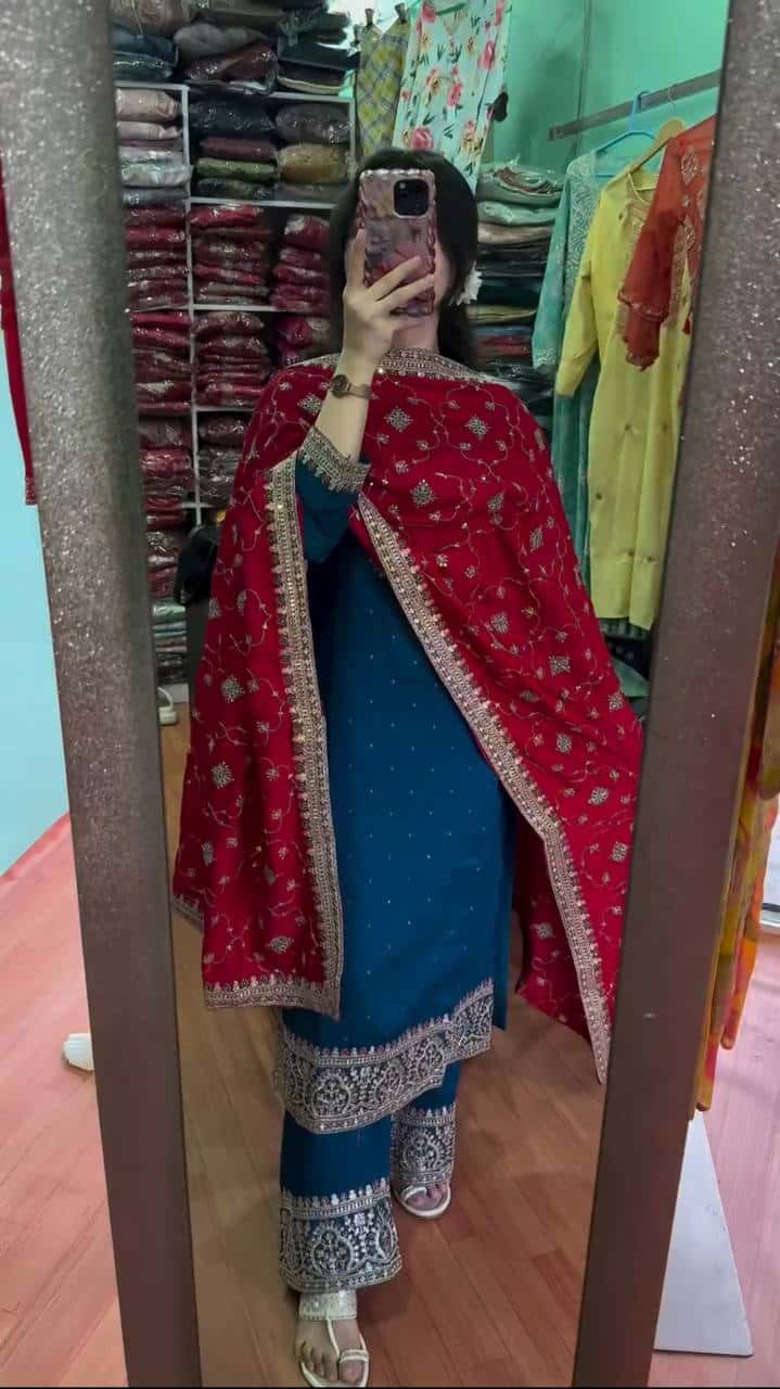 Pure heavy chinnon silk kurta palazzo suit sets