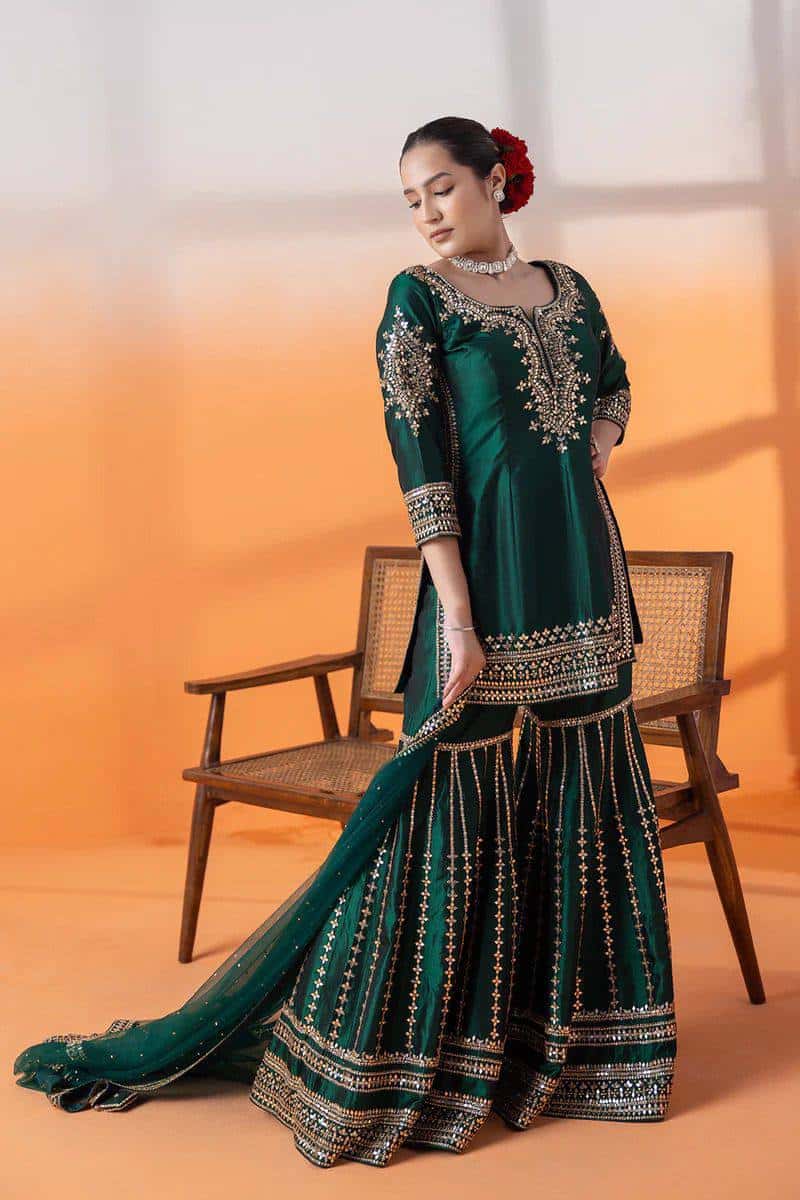 Heavy embroidered chinnon silk kurta sharara with net dupatta sets