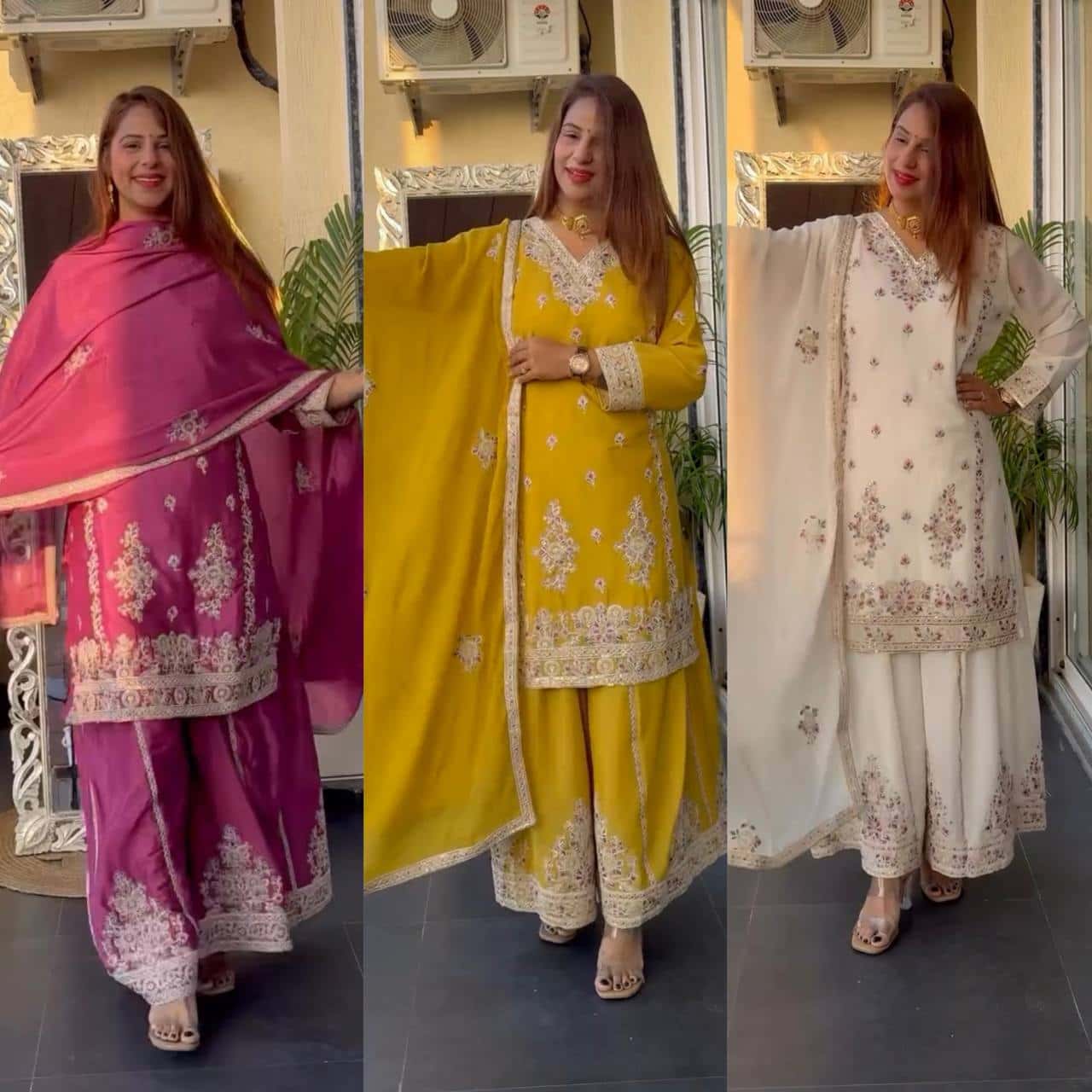 Women's designer heavy chinnon silk hand embroidered kurta palazzo with dupatta sets