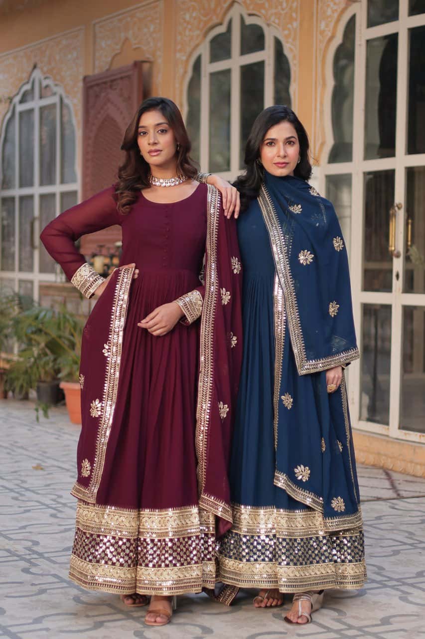 Faux blooming embroidered gown with dupatta set