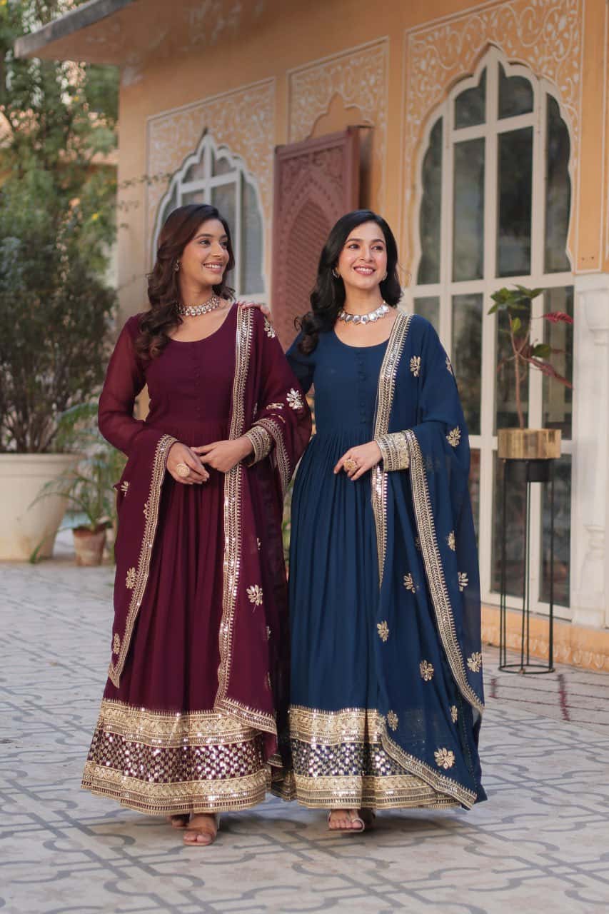 Faux blooming embroidered gown with dupatta set