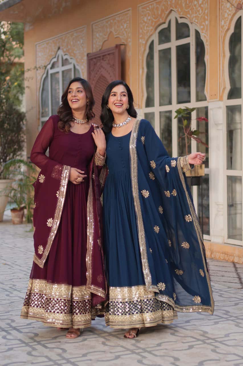 Faux blooming embroidered gown with dupatta set