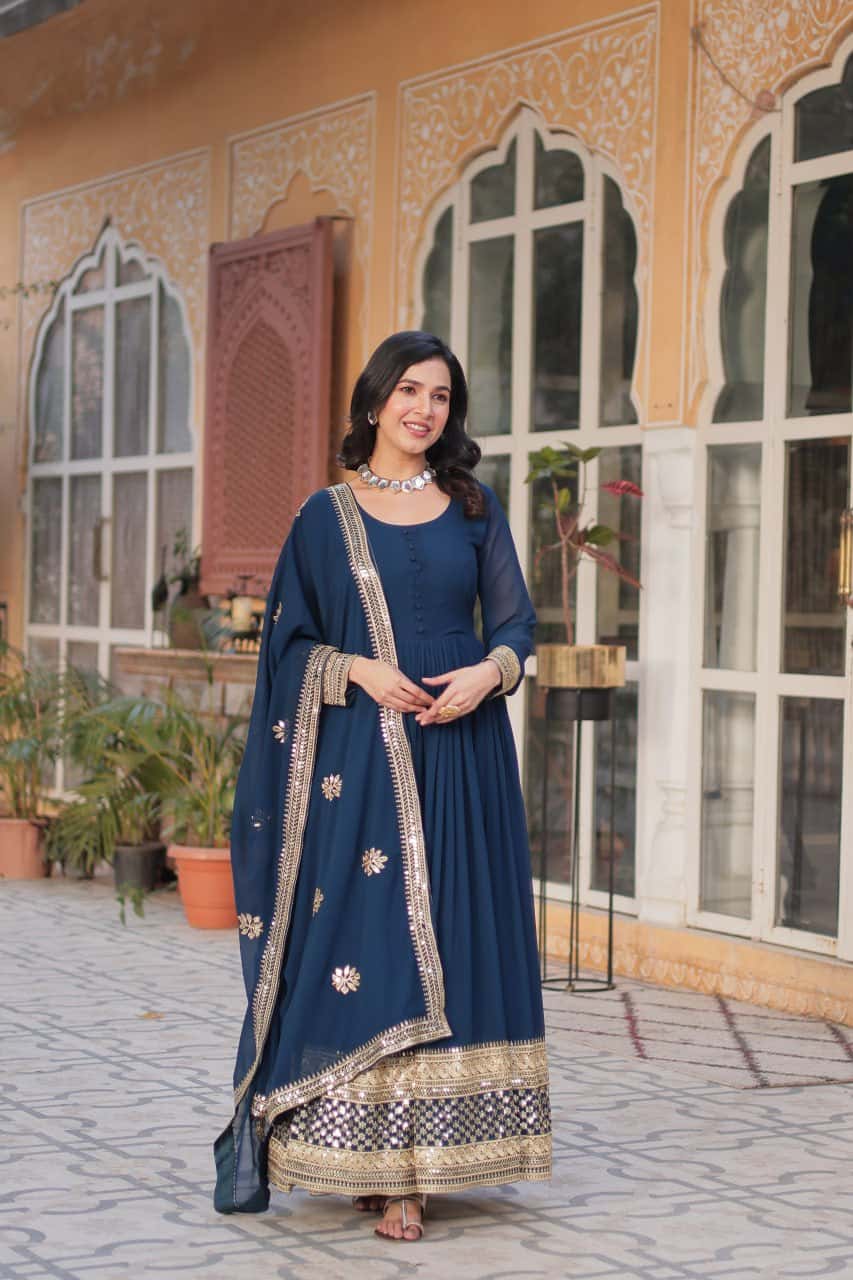 Faux blooming embroidered gown with dupatta set