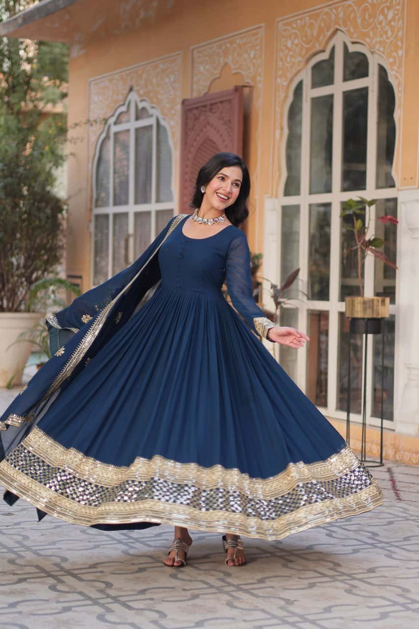 Faux blooming embroidered gown with dupatta set