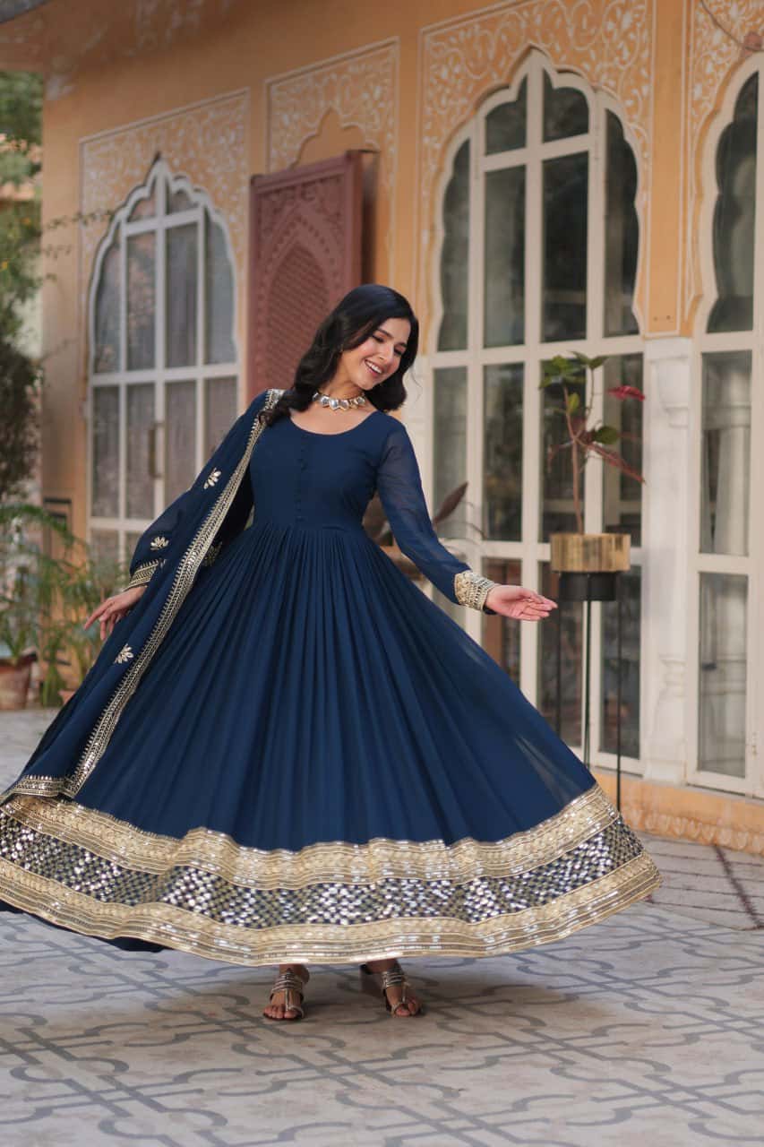 Faux blooming embroidered gown with dupatta set