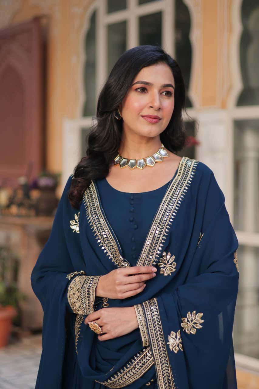 Faux blooming embroidered gown with dupatta set
