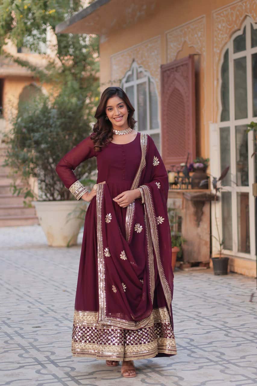 Faux blooming embroidered gown with dupatta set