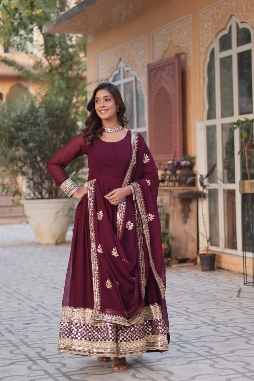 Faux blooming embroidered gown with dupatta set