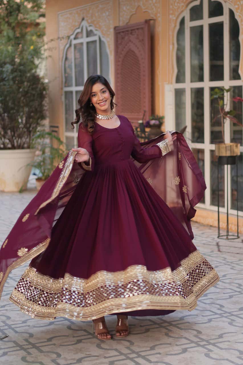 Faux blooming embroidered gown with dupatta set