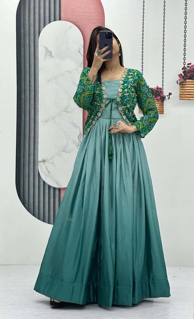 Designer silk gown with bandhej jacket for wedding wear
