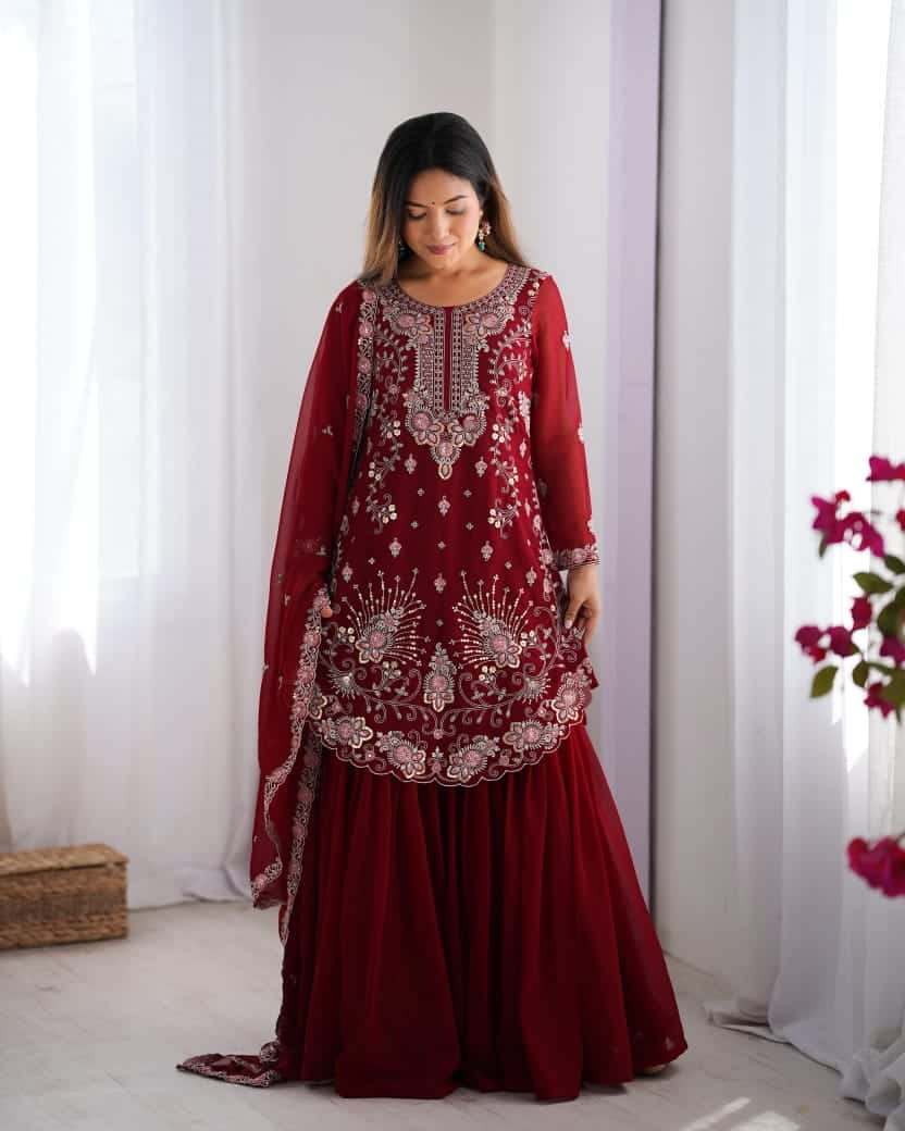 Red and blue thread embroidery work readymade stitch salwar suit
