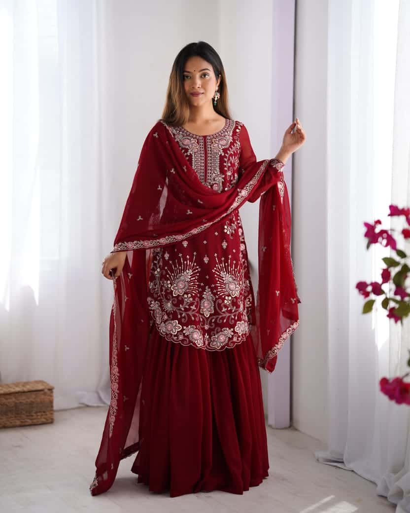 Red and blue thread embroidery work readymade stitch salwar suit