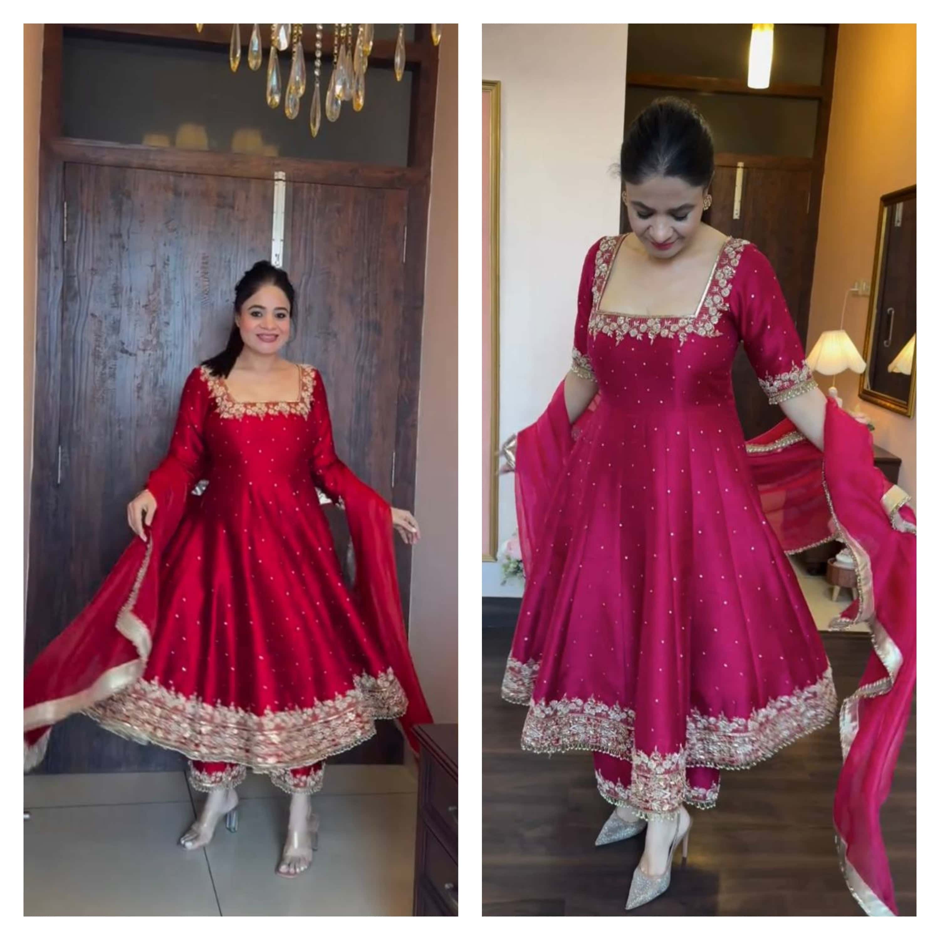 "Luxury Anarkali Gown Set with Vichitra Silk, Embroidered Sequence, Plazzo, and Designer Dupatta"