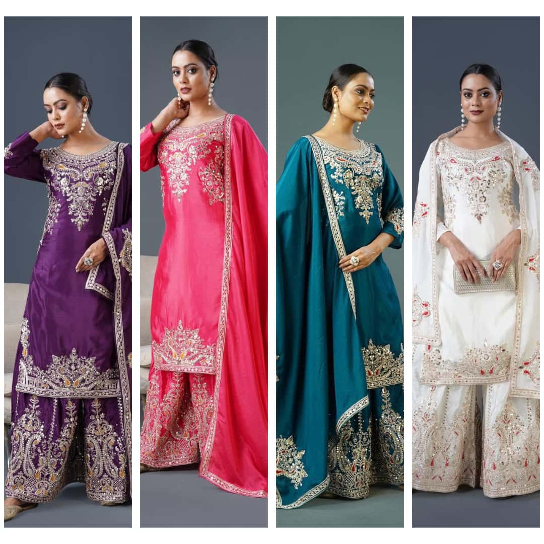 "Elegant Pure Chinnon Silk Embroidered Top, Plazzo & Dupatta Set"